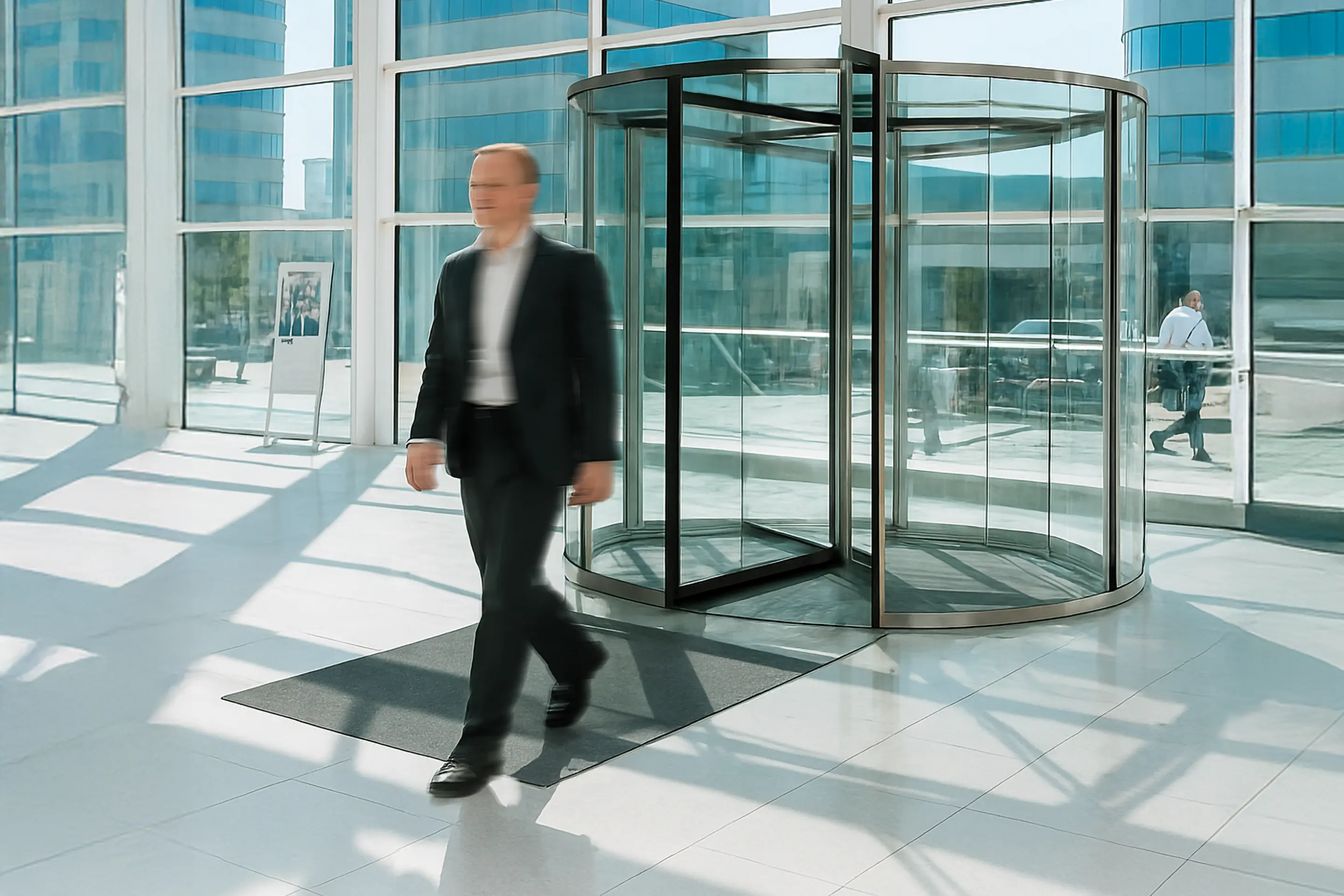 Mann im Business-Outfit betritt ein Firmengebäude über eine Schmutzfangmatte