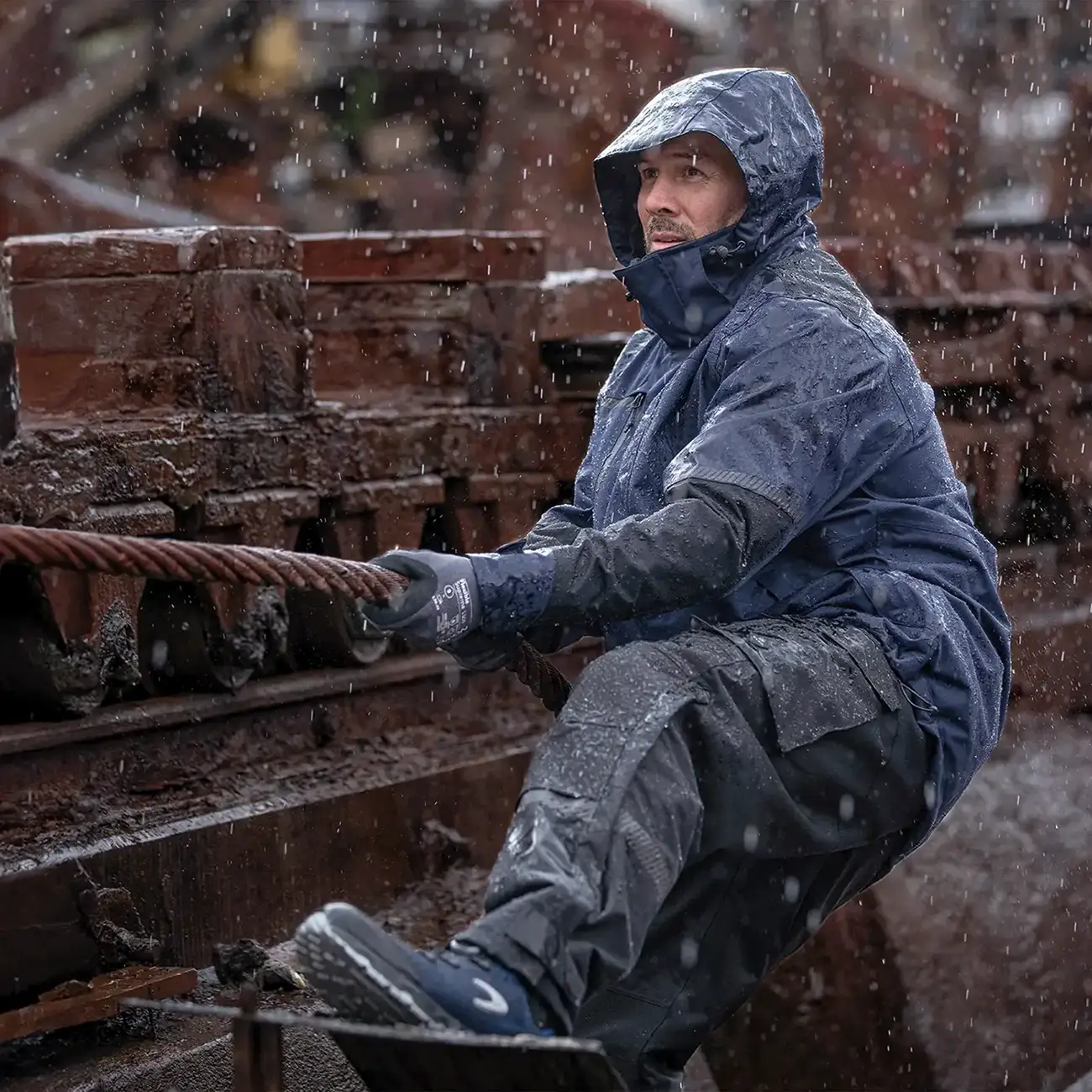 Arbeiter mit Regenschutzkleidung in einem Schiffs-Dock bei Starkregen